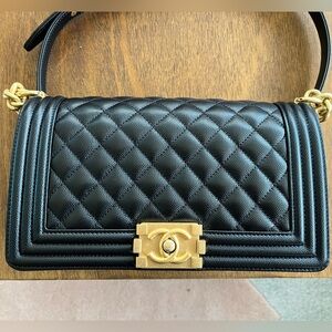 Chanel Medium Boy Bag Black Caviar Leather Gold Hardware